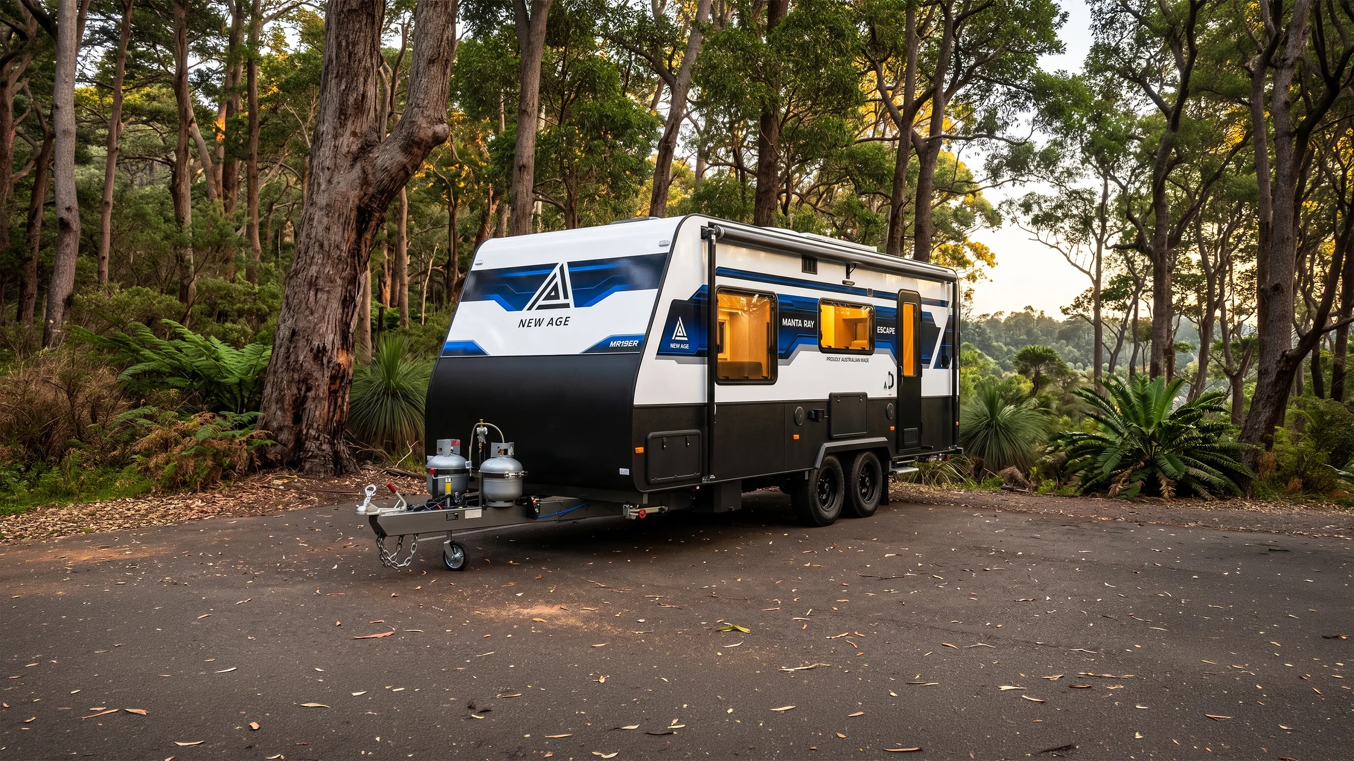 New Age Road Owl Expedition off-road caravan on a forest track in the Victorian high country.
