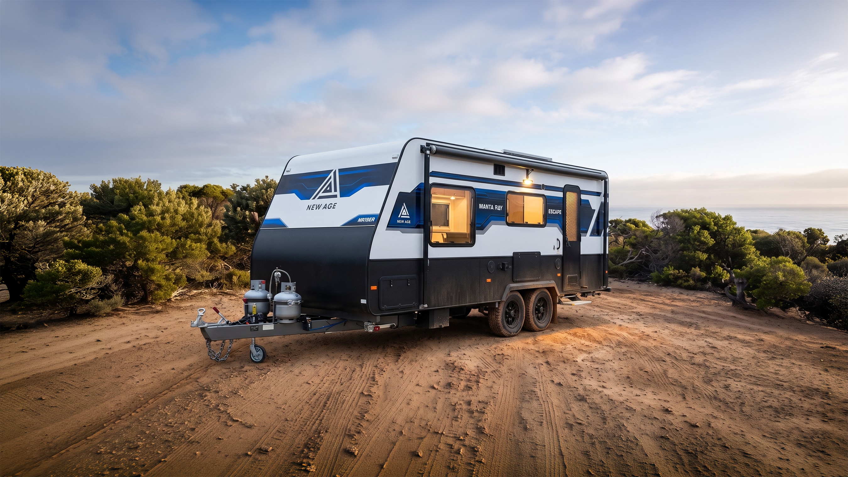 A New Age semi off-road caravan on formed gravel in Australia